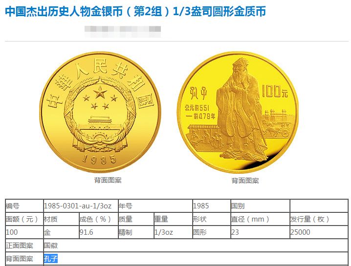 1985中国杰出历史人物金银币第二组1/3盎司金币图片及价格