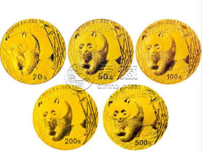 2002年熊猫金币5枚套装2002年金套猫
