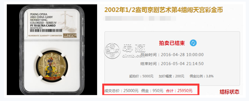 2002年闹天宫京剧1/2盎司彩金币图片及价格    拍卖成交情况