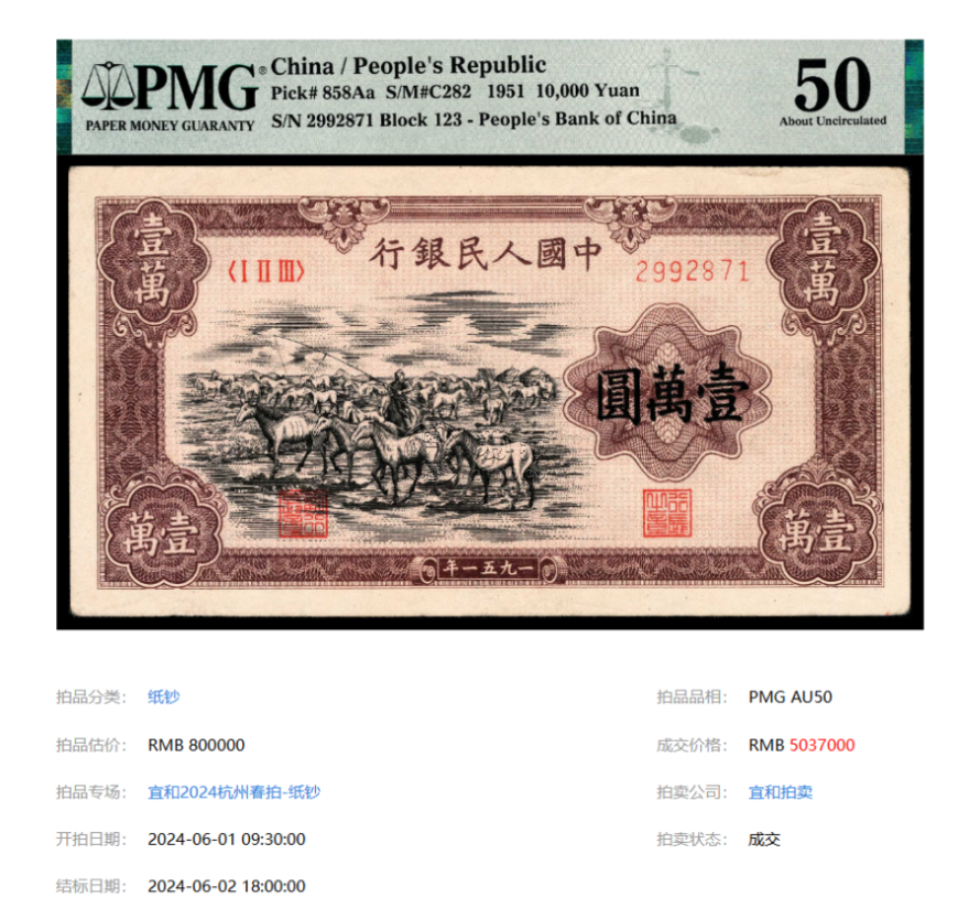 牧马图人民币值多少钱  1955年五万元牧马图价格