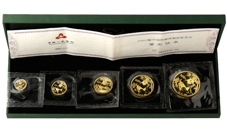 2007年熊猫金币回收价目表   2007年五枚套装熊猫金币多少钱