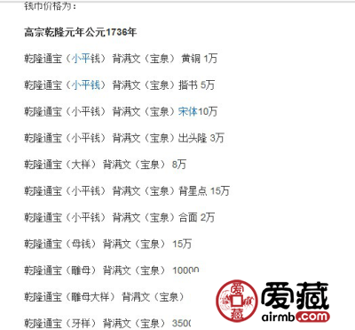 乾隆钱币价格与图片