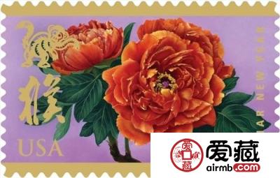 美国猴年邮票：牡丹花开迎猴年