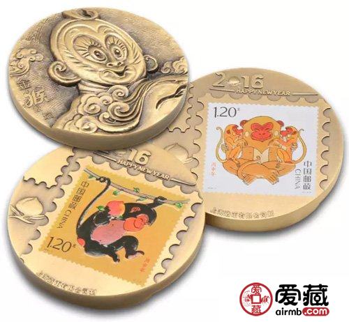 金猴＂怀＂二宝新春献瑞　铜章＂抱＂邮票方寸共辉