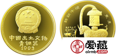 出土文物(青铜器)第(3)组纪念金币：错银牛灯