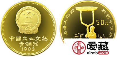 出土文物(青銅器)第(3)組紀(jì)念金幣：漆繪人形燈