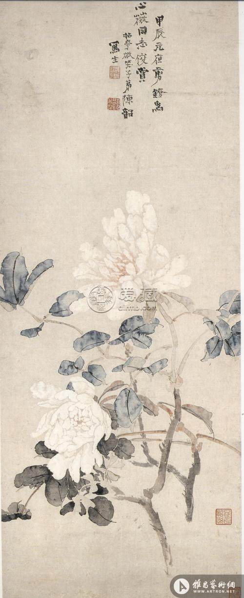 图2 陈树人《牡丹图》，1904年，纸本设色，93.5×32.5厘米，香港艺术馆藏