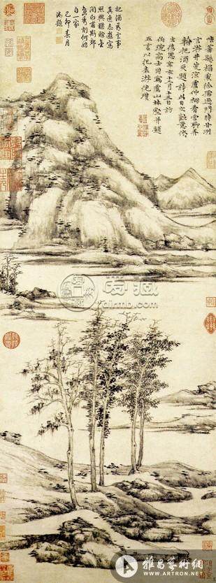 倪瓒 虞山林壑图 水墨纸本 94.6×34.9cm 美国大都会博物馆藏