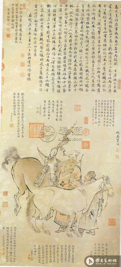 图1、明·仇英《双骏图》，纸本设色，109.5x50.4厘米，台北故宫博物院藏