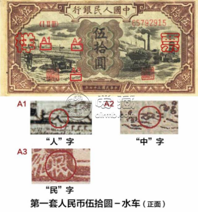 第一套人民币五十元水车矿车最新价格   一版币50元水车矿车价格