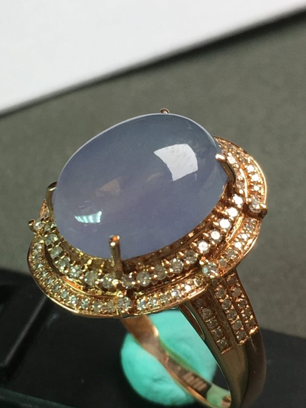 冰种紫罗兰 缅甸天然翡翠戒指 18k金镶嵌钻石图2