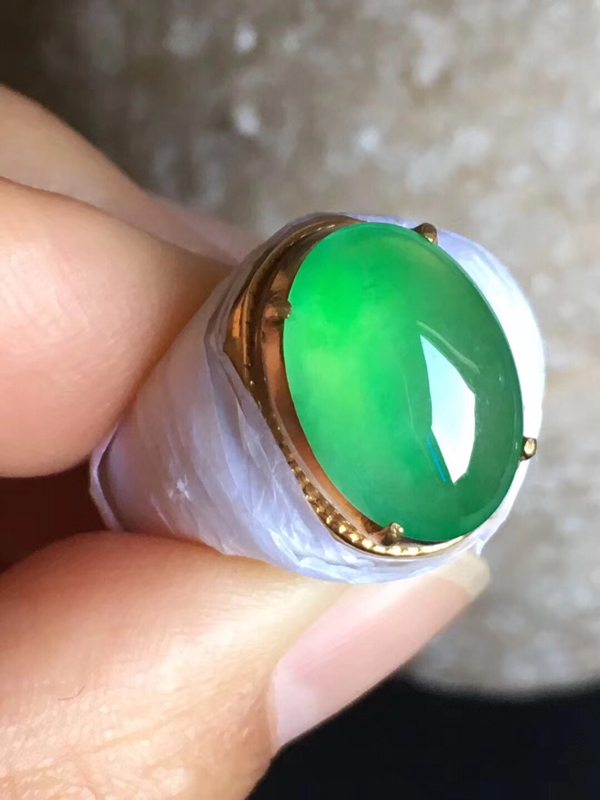 老坑冰种起荧光艳绿色 翡翠戒指13.8-9.7-5mm图1