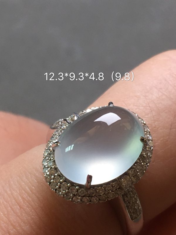 高冰晴水 缅甸天然翡翠18k金镶嵌钻石戒指图9