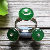 冰种满绿平安扣金镶钻 天然翡翠戒指耳环套装