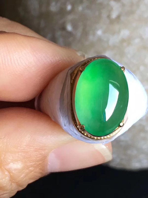 老坑冰种起荧光艳绿色 翡翠戒指13.8-9.7-5mm图2