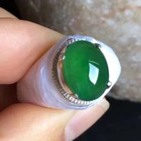 老坑冰种 阳绿色铜托 缅甸天然翡翠戒指11.7-9.5-4mm
