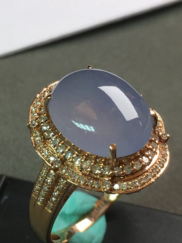冰种紫罗兰 缅甸天然翡翠戒指 18k金镶嵌钻石图1