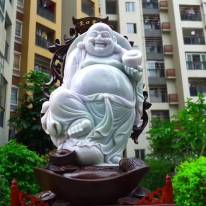 天然翡翠A货 大尊春带彩 饱满笑佛站佛摆件