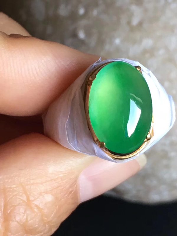 老坑冰种起荧光艳绿色 翡翠戒指13.8-9.7-5mm图8