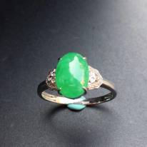 冰种阳绿 缅甸天然翡翠戒指 金镶嵌