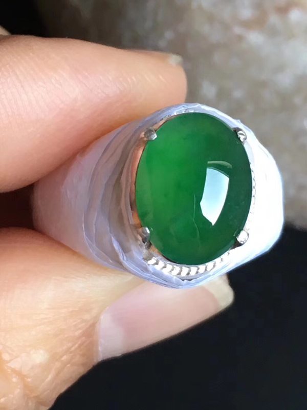 老坑冰种 阳绿色铜托 缅甸天然翡翠戒指11.7-9.5-4mm图5