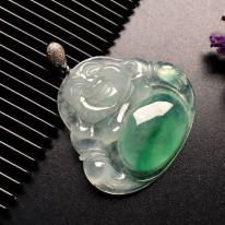 冰种飘绿笑佛翡翠吊坠 尺寸: 38-34-7mm