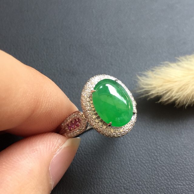 冰種滿綠 緬甸天然翡翠18k金豪華鑲嵌戒指