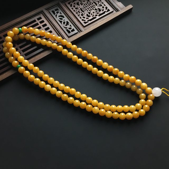 天然黄翡佛珠翡翠项链 直径7.5毫米图1