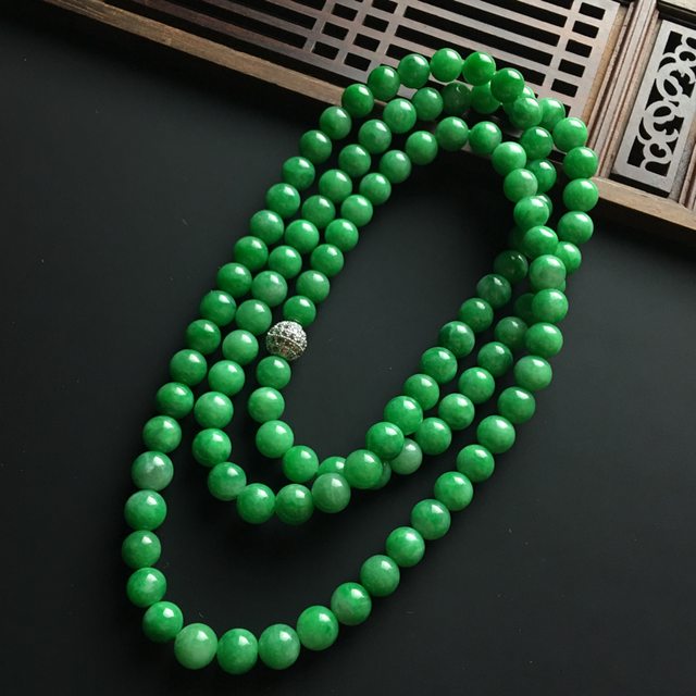 糯冰种阳绿佛珠项链 单颗佛珠直径7.5mm图8