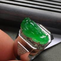 冰种满绿貔貅 缅甸天然翡翠戒指