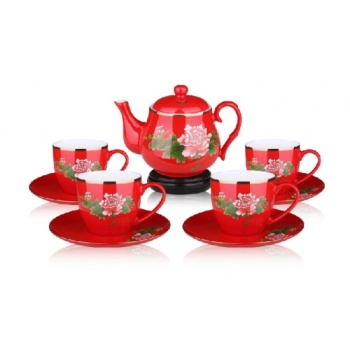 中国红瓷器牡丹九头骨瓷茶具套装