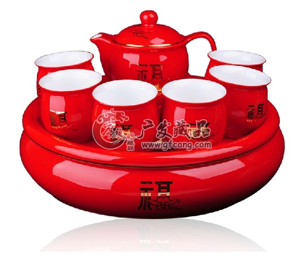 中国红瓷福如东海茶具套装
