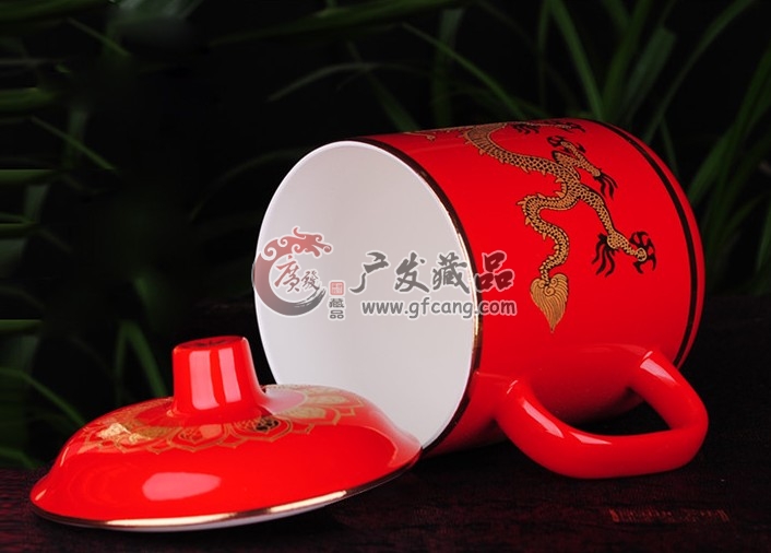 湖南醴陵红瓷杯双龙戏珠
