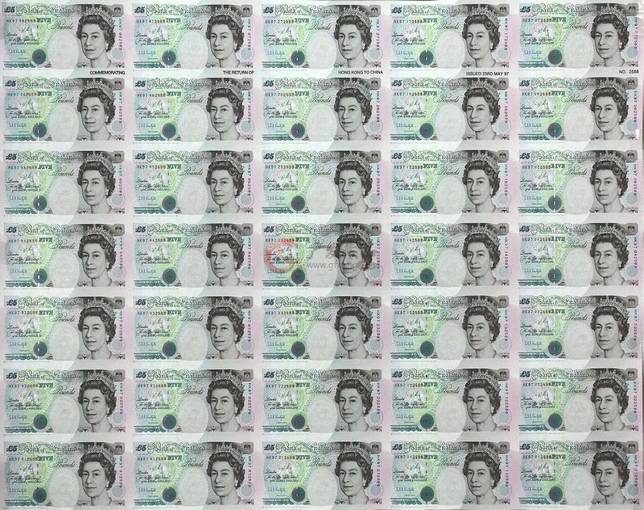 英国1997年5 Pounds三十五连体整版钞