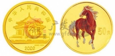 　　2002中国壬午（马）年金银纪念币1/10盎司圆形彩色金币